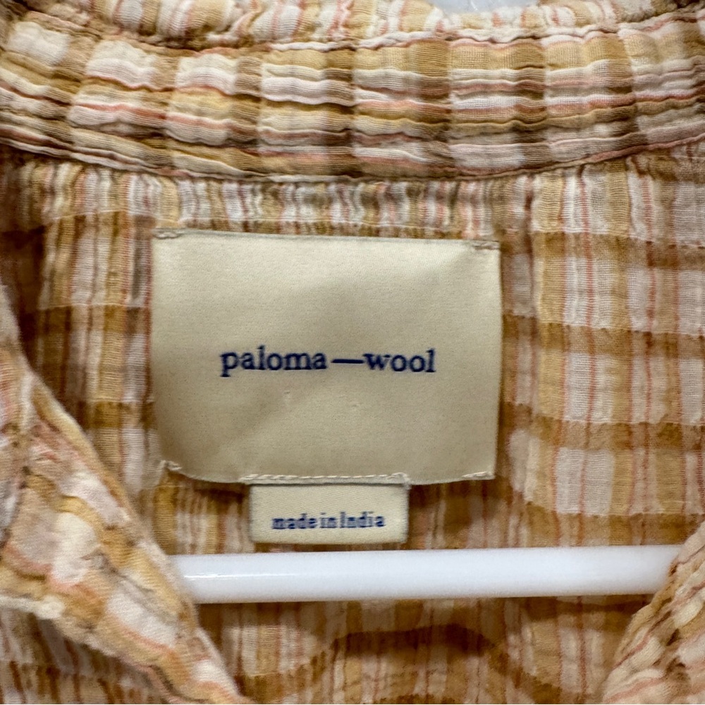 Paloma Wool Plaid Blouse Womens Tan Cream Textured Button Front Cotton Cropped - Picture 4 of 8